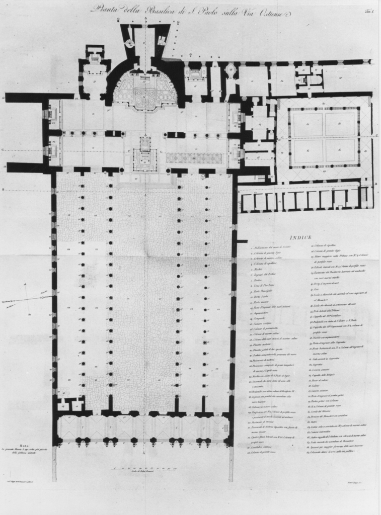 Pianta della Basilica di S. Paolo sulla via Ostiense (stampa) di Ruga Pietro, Alippi Andrea (sec. XIX)