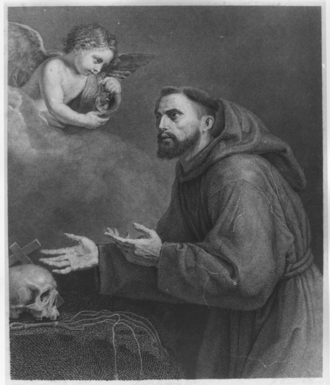 S. Francesco di Assisi ha la visione dell'angelo, S. Francesco di Assisi ha la visione dell'angelo (stampa smarginata) di Alcantara Francesco, Ribault Jean François, De Ribera Jusepe detto Spagnoletto (sec. XVIII)