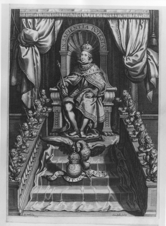 In Sapientia Potestas, Sovrano seduto sul trono (stampa) di Galle Cornelis il Giovane, Van der Horst Nikolaus - ambito olandese (secondo quarto sec. XVII)