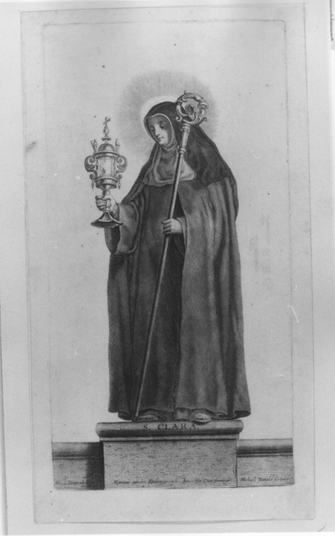 S. Clara, Santa Chiara con Pastorale e Ostensorio (stampa) di Van Diepenbeeck Abraham, Natalis Michel (prima metà sec. XVII)