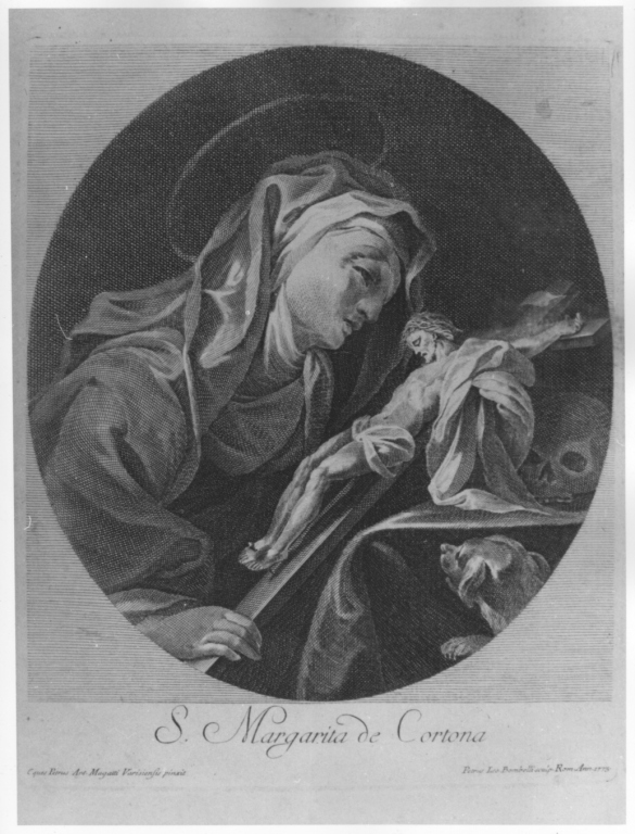S. Margarita de Cortona, Santa Margherita da Cortona in preghiera (stampa) di Bombelli Pietro Leone, Magatti Pietro Antonio (sec. XVIII)