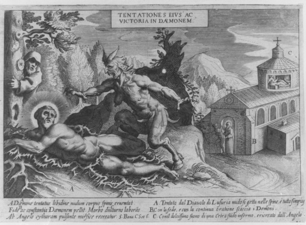 Tentationes eius ac victoria in daemonem, San Francesco tentato dal diavolo (stampa) di Florini Giovanni (prima metà sec. XVII)