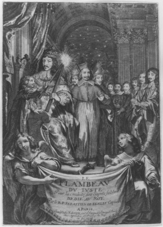 Le Flambeau du iuste, Frontespizio con Re di Francia, Cardinale e cortigiani (stampa) di Huret Gregoire (sec. XVII)