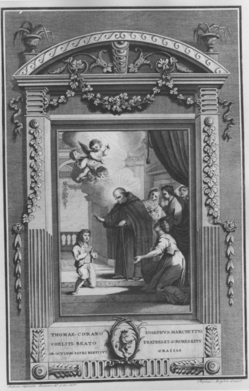Thomae corano Josephus Marchettus/ coeliti beato fratres et sorores eius/ob oculum patri restitu gratias, San Tommaso da Cori benedice (stampa smarginata) di Barland Adriano (sec. XIX)