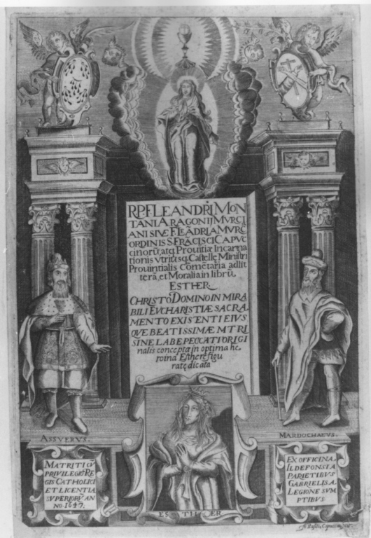 R.P. Leandri montani aragonij murciani sive f. Ledria murcia ordinis S. Francisci capuccinoru[...], Frontespizio libro di Esther con personaggi biblici (stampa) di Basilio Cappuccino (sec. XVII)