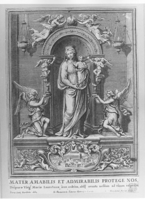 Mater amabilis et admirabilis protege nos, Madonna col Bambino e città di Loreto (stampa) di Fariat Benoit, Bartoli Pietro Sante detto Sante Santi (seconda metà sec. XVII)