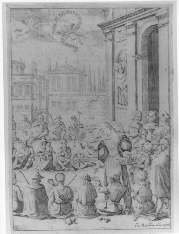 Santa Elisabetta regina del Portogallo distribuisce l'elemosina, Santa Elisabetta regina del Portogallo distribuisce l'elemosina (stampa smarginata) di Ruphon Jacopo (seconda metà sec. XVII)