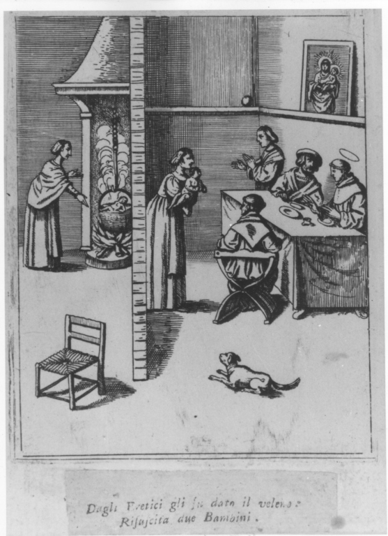 Sant'Antonio da Padova ed il miracolo dei due bambini, Sant'Antonio da Padova ed il miracolo dei due bambini (stampa) di Ruphon Jacopo (sec. XVII)