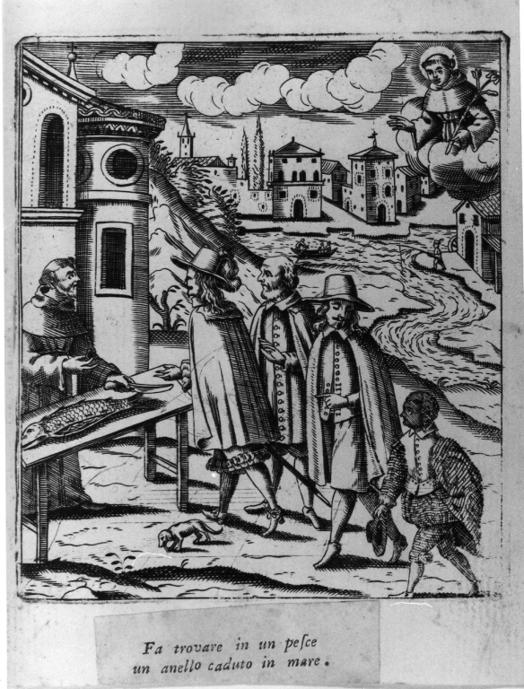 San Antonio da Padova e il miracolo dell'anello, San Antonio da Padova e il miracolo dell'anello (stampa) di Ruphon Jacopo (sec. XVII)
