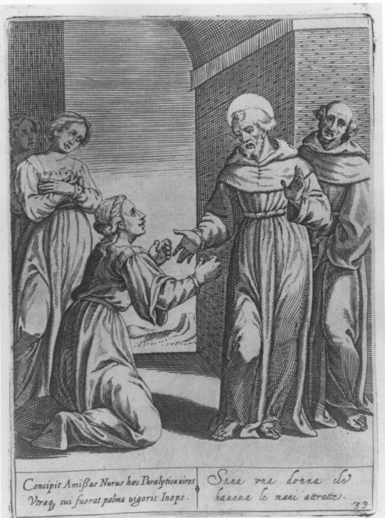 Sana una donna che haveva le mani attratte, San Francesco d'Assisi risana una donna paralitica (stampa, serie) di Thomassin Philippe (inizio sec. XVII)