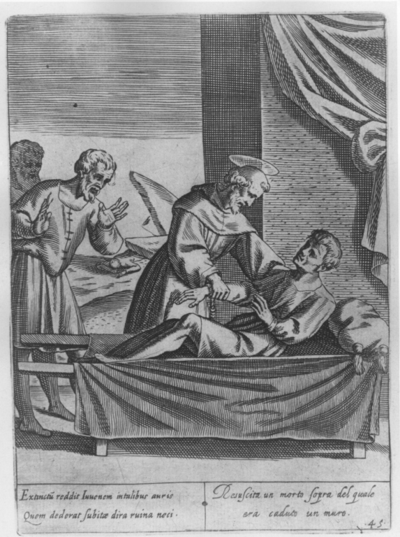 Resuscita un morto sopra del quale era caduto un muro, San Francesco d'Assisi resuscita un morto (stampa, serie) di Thomassin Philippe (inizio sec. XVII)