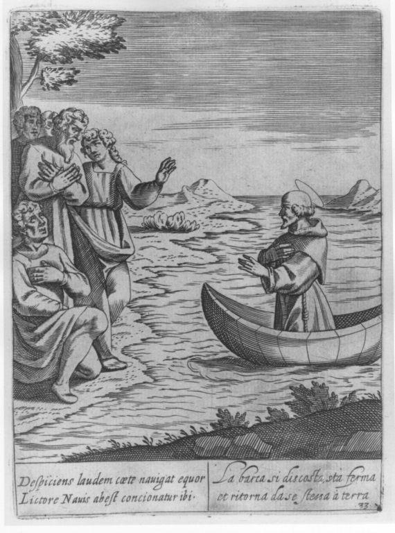 La barca si discosta sta ferma et ritorna da se stessa a terra, San Francesco d'Assisi e il miracolo della barca (stampa, serie) di Thomassin Philippe (inizio sec. XVII)