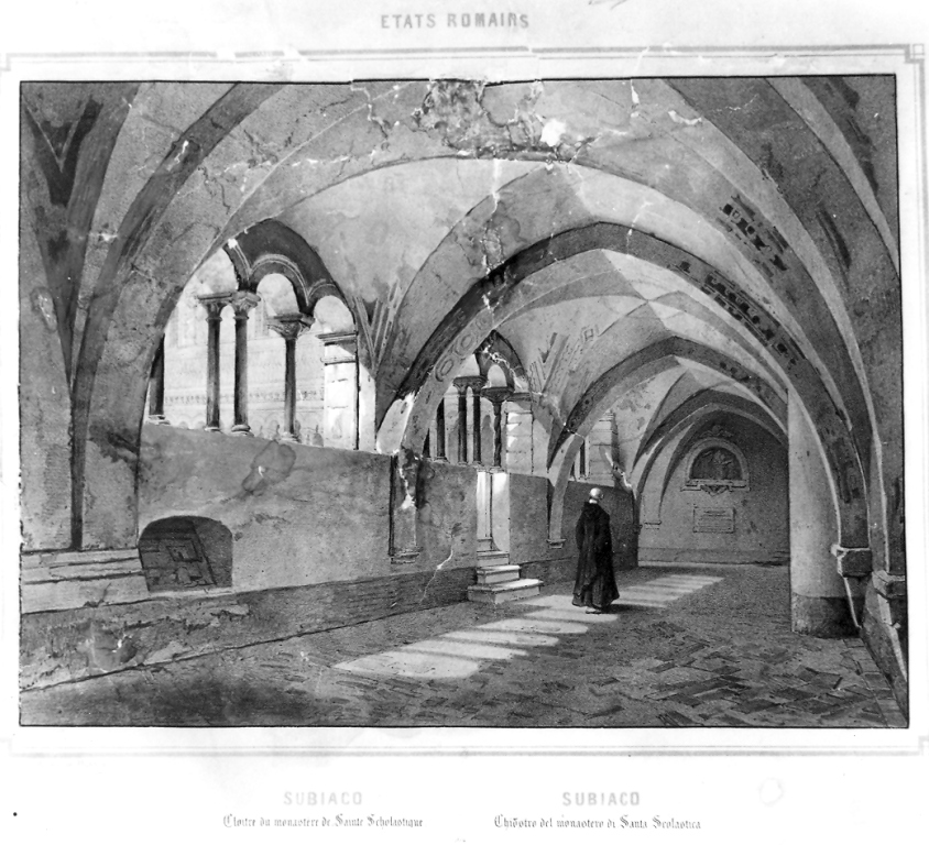 veduta del chiostro del monastero di Santa Scolastica (stampa) di Benoist Philippe (seconda metà sec. XIX)