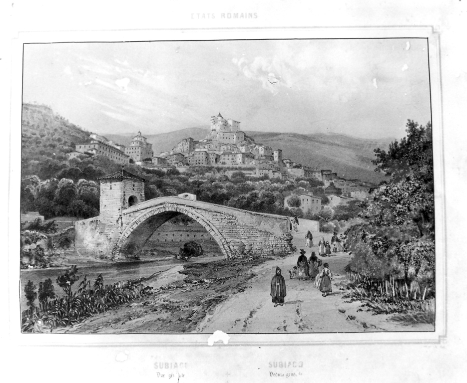 veduta di Subiaco con il ponte di San Francesco (stampa) di Benoist Philippe (seconda metà sec. XIX)