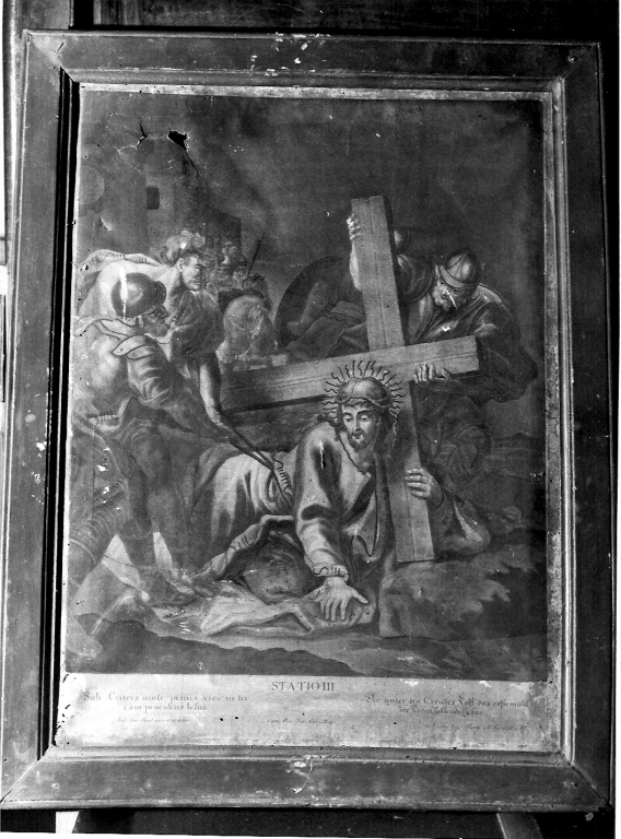 stazione III: Gesù cade sotto la croce la prima volta (stampa colorata a mano) di Haid Johann Lorenz (sec. XIX)