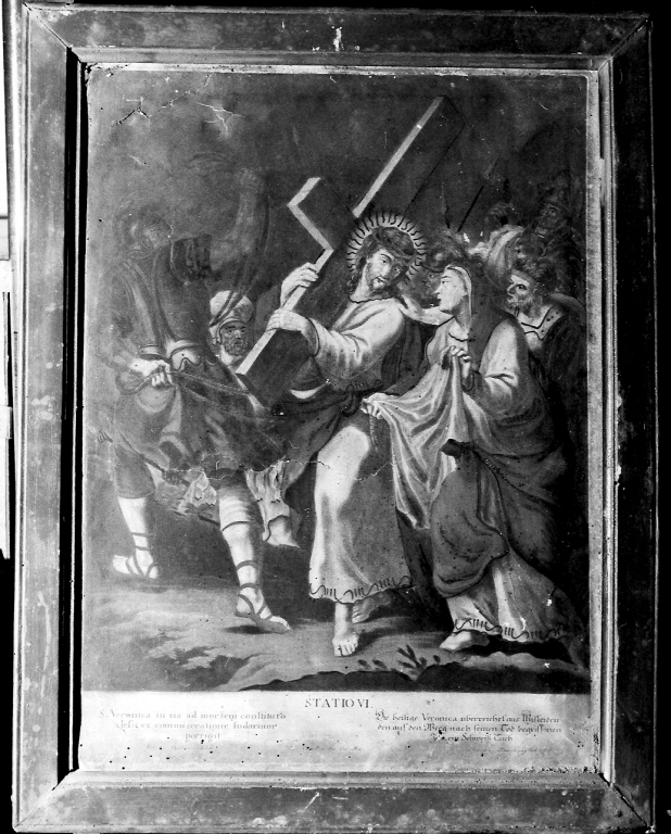 stazione VI: Gesù asciugato dalla Veronica (stampa colorata a mano) di Haid Johann Lorenz (sec. XIX)