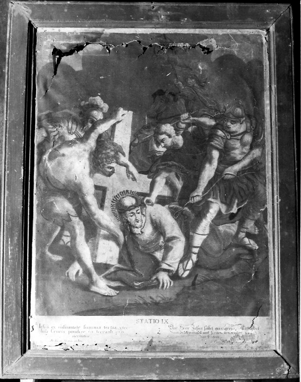 stazione IX: Gesù cade sotto la croce la terza volta (stampa colorata a mano) di Haid Johann Lorenz (sec. XIX)