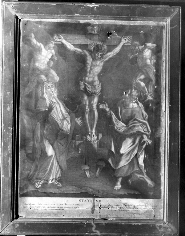 stazione XII: Gesù innalzato e morto in croce (stampa colorata a mano) di Haid Johann Lorenz (sec. XIX)