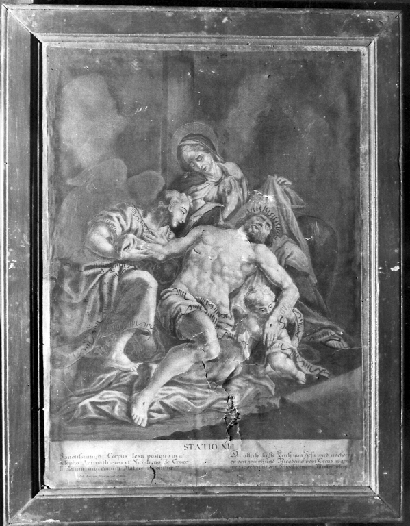 stazione XIII: Gesù deposto dalla croce (stampa colorata a mano) di Haid Johann Lorenz (sec. XIX)