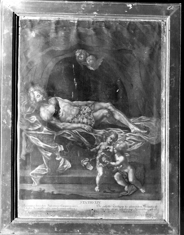 stazione XIV: Gesù deposto nel sepolcro (stampa colorata a mano) di Haid Johann Lorenz (sec. XIX)