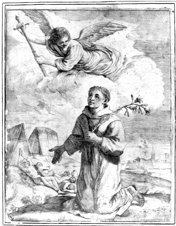 apparizione di un angelo a Sant'Antonio da Padova (stampa) di Barbieri Giovan Francesco detto Guercino, Pasqualini Giovanni Battista (sec. XVII)