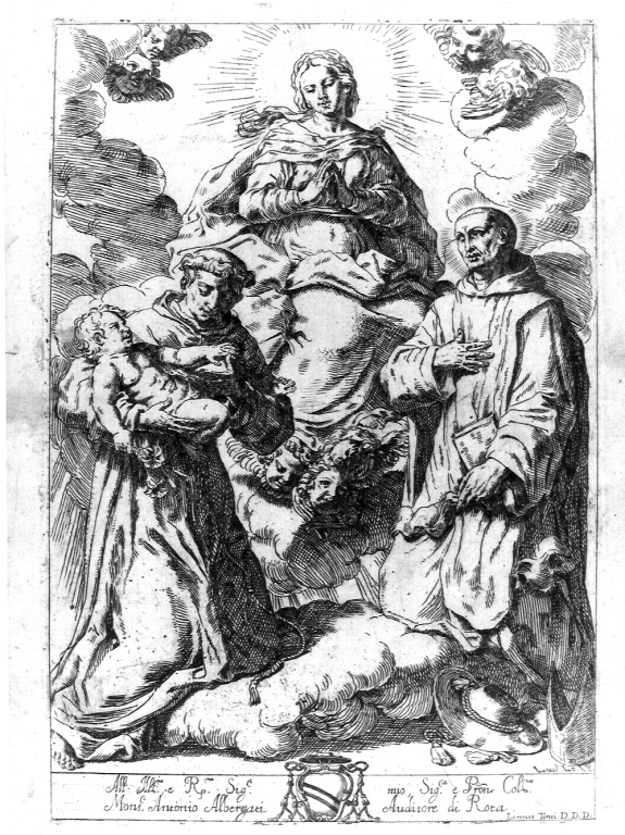 apparizione della Madonna a San Tommaso d'Aquino e a Sant'Antonio da Padova col Bambino (stampa) di Lotto Lorenzo (prima metà sec. XVI)