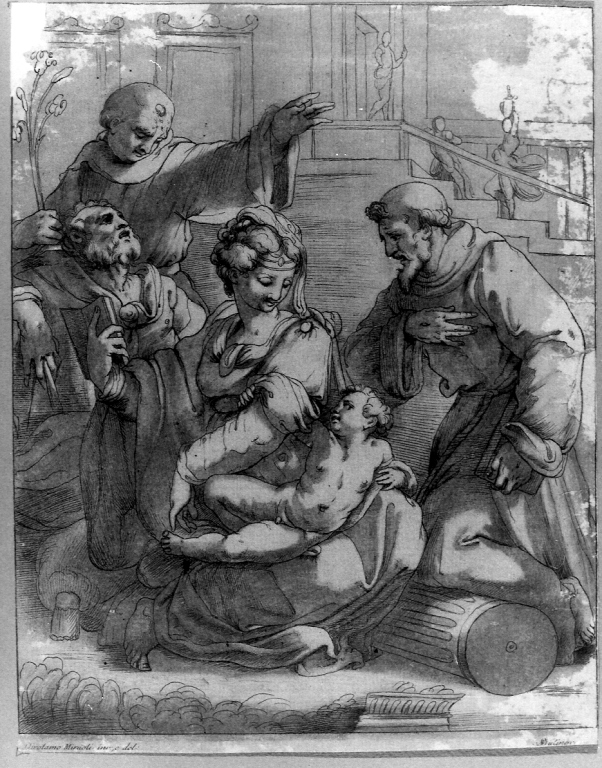 Sacra Famiglia con Sant'Antonio da Padova e San Francesco d'Assisi (stampa) di Miruoli Girolamo (seconda metà sec. XVIII)
