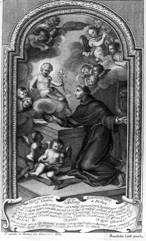 Sant'Antonio da Padova con il bambino (stampa) di Monogrammista P. B (inizio sec. XVIII)