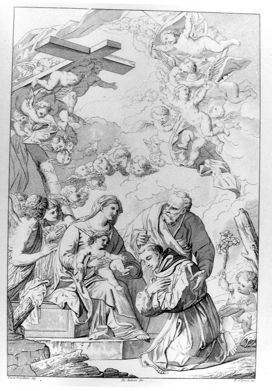apparizione della Sacra Famiglia a Sant'Antonio da Padova (stampa) di Giordano Luca, Clerici Francesco, De Antoni Andrea (prima metà sec. XIX)