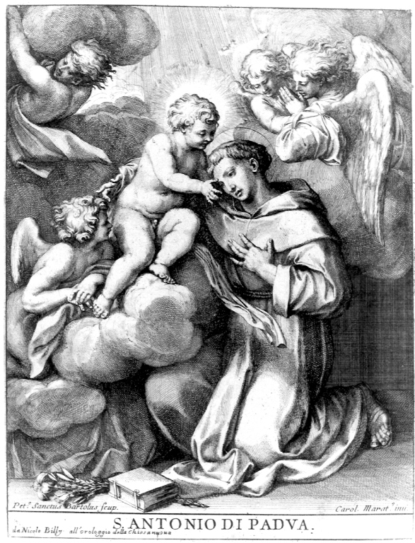 apparizione di Gesù Bambino a Sant'Antonio da Padova (stampa smarginata) di Bartoli Pietro Sante detto Sante Santi, Maratta Carlo (seconda metà sec. XVII)
