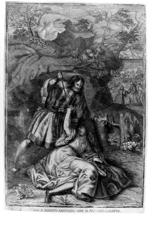 Sant'Antonio da Padova e il miracolo della donna ferita dal marito geloso (stampa) di Vecellio Tiziano, Hubert Vincent (sec. XVIII)