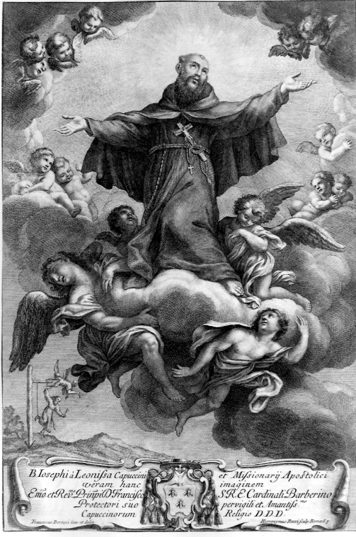 gloria del beato Giuseppe da Leonessa (stampa smarginata) di Bertosi Francesco, Rossi Hieronimus (prima metà sec. XVIII)
