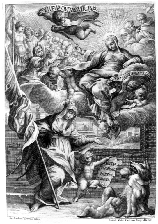 allegoria della città di Siena con Madonna, San Bernardino e Santa Caterina (stampa smarginata) di Vallet Guillame, Vanni Raffaello (seconda metà sec. XVII)
