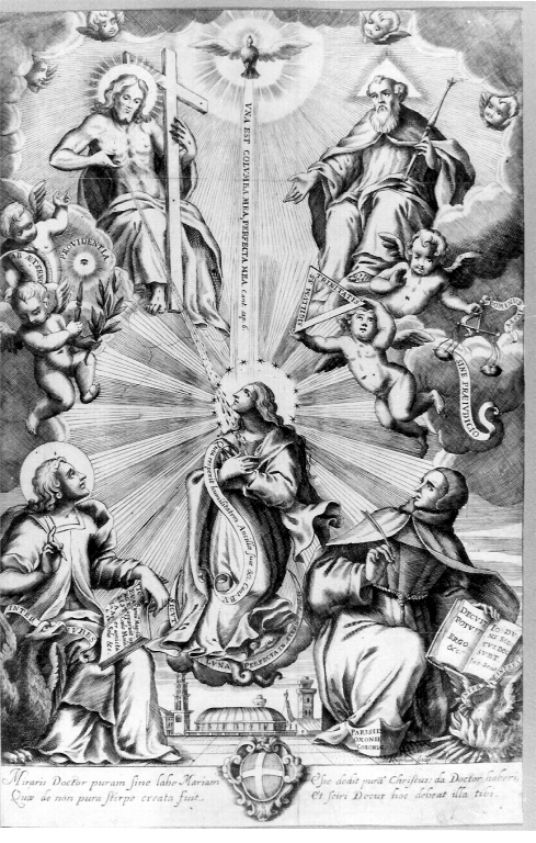 Trinità con San Giovanni Evangelista e beato Giovanni Duns Scoto (stampa smarginata) di Ruphon Jacopo (seconda metà sec. XVII)