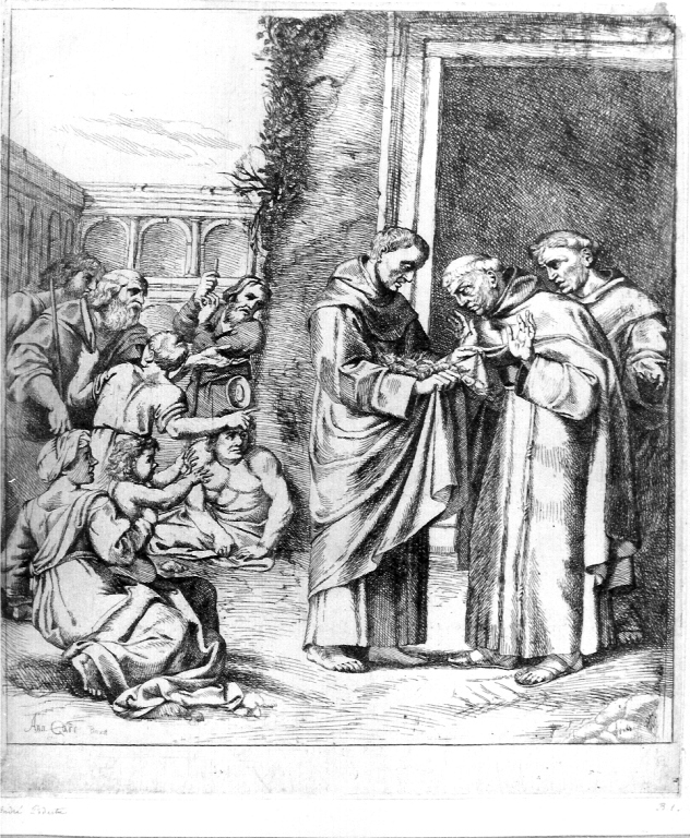 San Diego d'Alcalà e il miracolo delle rose (stampa smarginata) di Carracci Annibale, Podestà Andrea (metà sec. XVII)