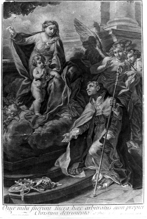 apparizione della Madonna col Bambino a San Ludovico di Tolosa (stampa smarginata) di Canale Giuseppe, Stern Ludovico (seconda metà sec. XVIII)