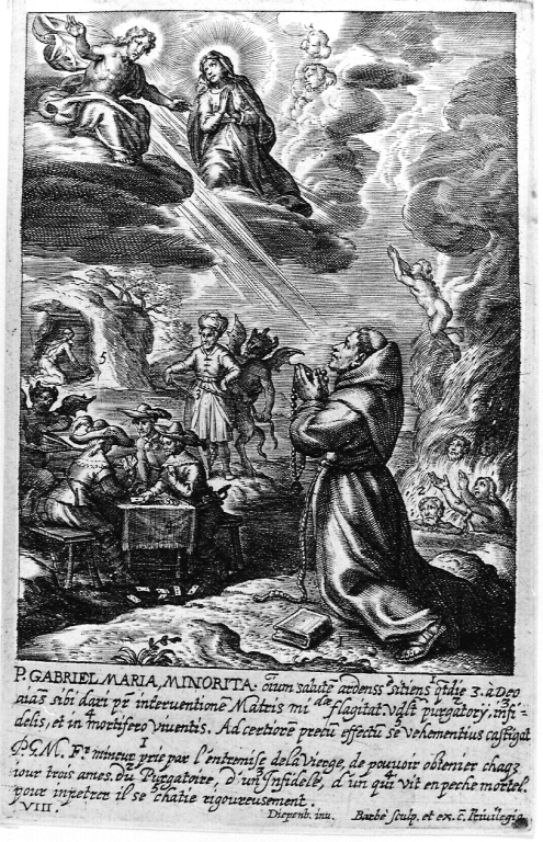 padre Gabriel Maria prega per la salvezza di tre anime (stampa smarginata) di Van Diepenbeeck Abraham, Barbé Jean Baptiste (sec. XVII)