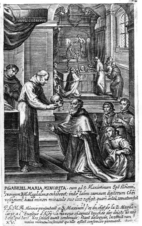 padre Gabriel Maria mostra a San Massimino il teschio di Santa Maria Maddalena (stampa smarginata) di Van Diepenbeeck Abraham, Barbé Jean Baptiste (sec. XVII)