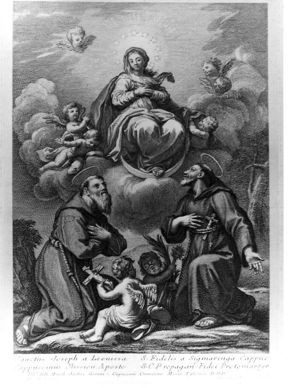 apparizione della Madonna ai santi Giuseppe da Leonessa e Fedele da Sigmaringa (stampa) di Zocchi Giuseppe, Medici Giuseppe (sec. XVIII)