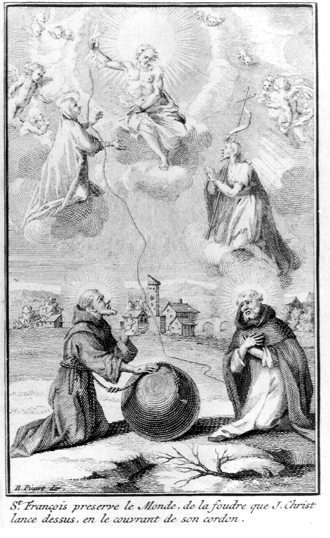 apparizione di Cristo, la Madonna e San Giovanni Battista a San Francesco d'Assisi e a San Domenico (stampa) di Picart Bernard (sec. XVIII)