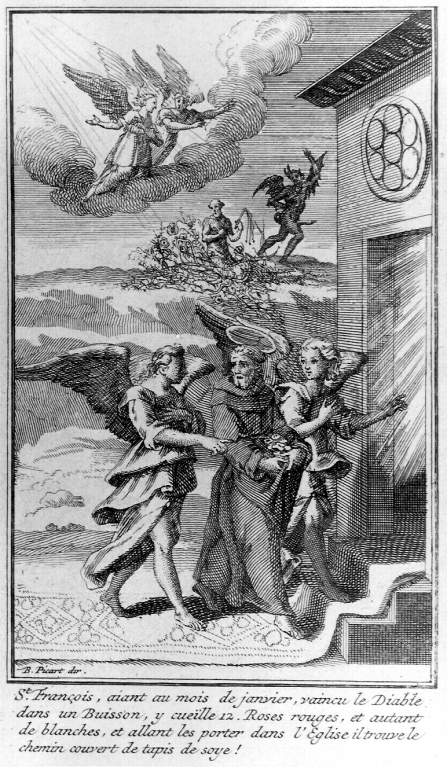 San Francesco d'Assisi allontana il demonio (stampa) di Picart Bernard (sec. XVIII)
