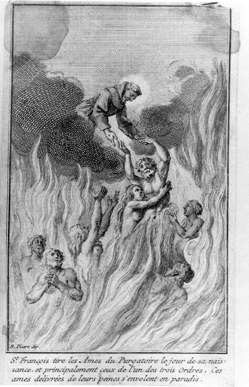 San Francesco d'Assisi salva le anime del Purgatorio (stampa) di Picart Bernard (sec. XVIII)