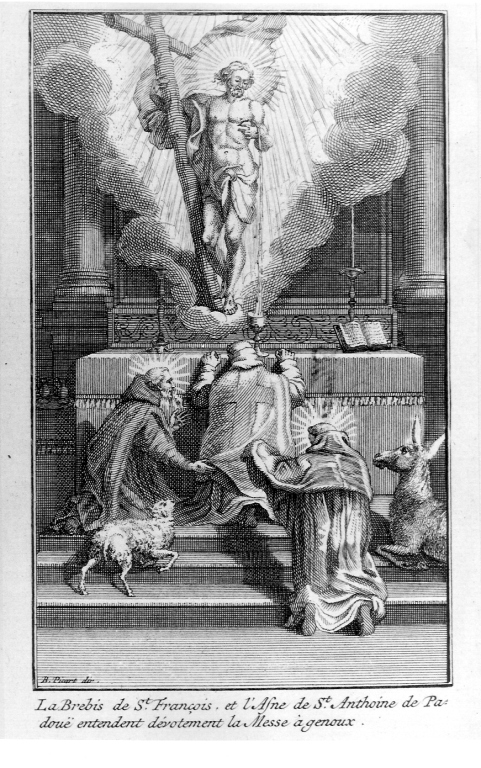 apparizione di Cristo a Sant'Antonio da Padova e a San Francesco d'Assisi (stampa) di Picart Bernard (sec. XVIII)