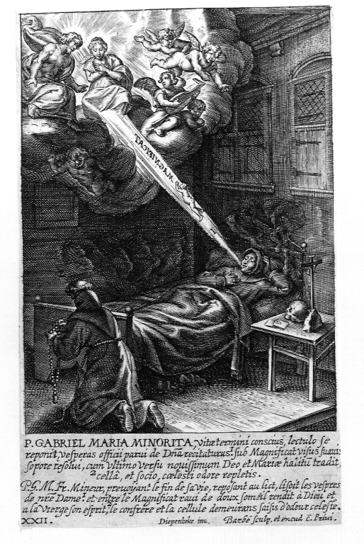 morte di padre Gabriel Maria (stampa smarginata) di Van Diepenbeeck Abraham, Barbé Jean Baptiste (sec. XVII)