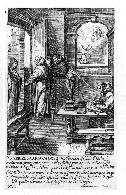 padre Gabriel Maria scrive la Regola (stampa smarginata) di Van Diepenbeeck Abraham, Barbé Jean Baptiste (sec. XVII)