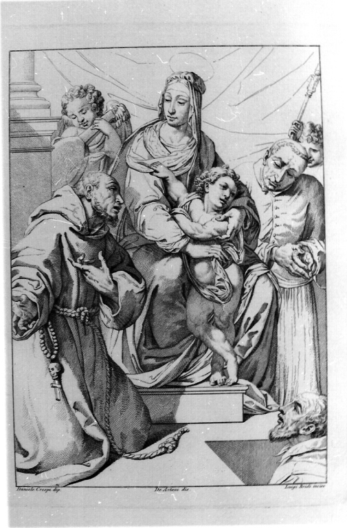 Madonna con Bambino, San Francesco d'Assisi, San Carlo Borromeo e donatore (stampa) di Crespi Daniele, Bridi Luigi, De Antoni Andrea (prima metà sec. XIX)