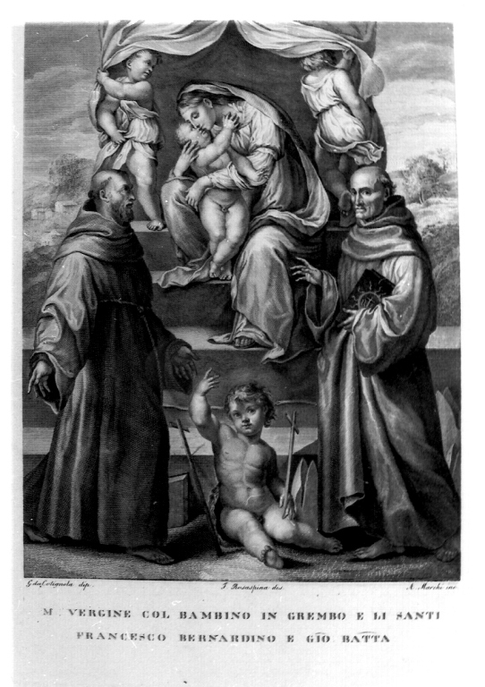 Madonna con Bambino, San Giovannino, San Francesco d'Assisi e San Bernardino da Siena (stampa) di Rosaspina Francesco, Macchi A (prima metà sec. XIX)