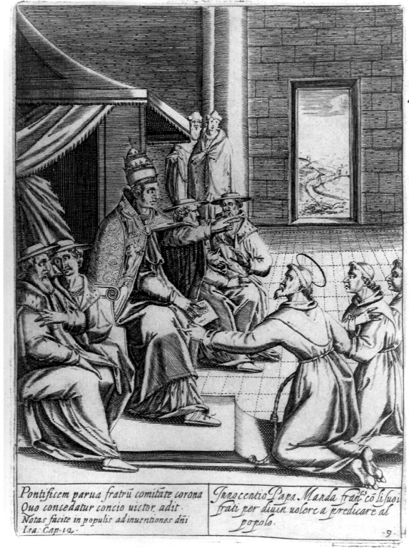 papa Innocenzo II approva la Regola francescana (stampa) di Thomassin Philippe (sec. XVII)