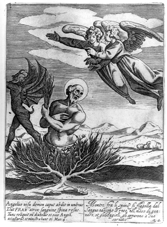 San Francesco d'Assisi si flagella e nascono rose dal sangue (stampa) di Thomassin Philippe (inizio sec. XVII)