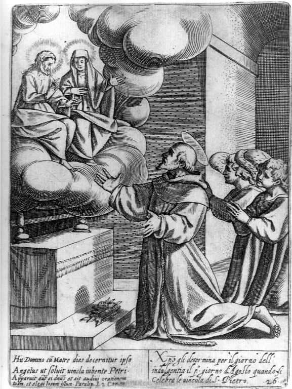 Cristo stabilisce il giorno dell'indulgenza per San Francesco (stampa) di Thomassin Philippe (inizio sec. XVII)